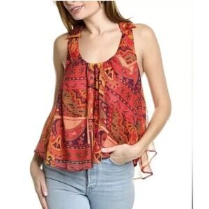 Free People Women’s Strawberry Tank Blouse Meadow Combo Red Flowy Lined Tunic L